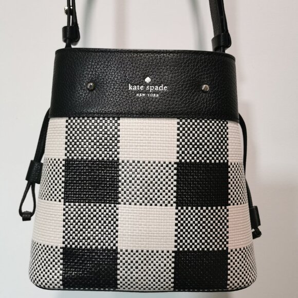Black and Cream Plaid /Gold Pebbled/Embossed Leather Bucket Bag EUC # 263 - Picture 4 of 11